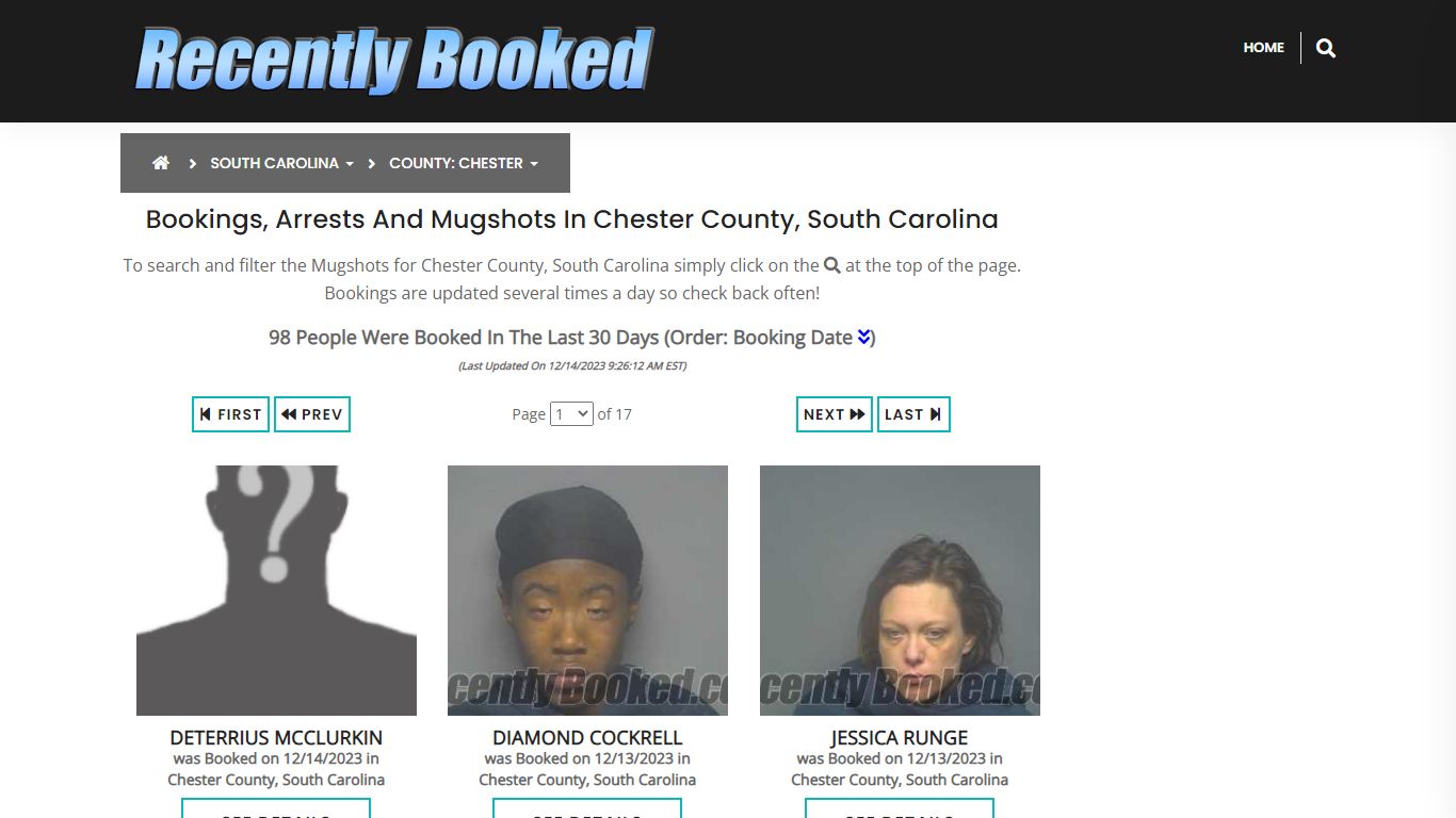 Bookings, Arrests and Mugshots in Chester County, South Carolina